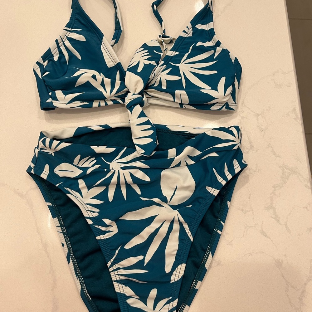 Xhilaration Teal and White Leaf Bikini Set